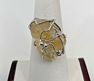 Handmade ~ Sterling Silver .925 Wire Wrapped Citrine Crystal Ring Sz 8 - Picture 1 of 9