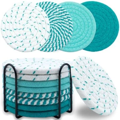 8 Pcs Drink Coasters with Holder, Minimalist Cotton Woven Coaster Set,4 Green - Image 1 of 4