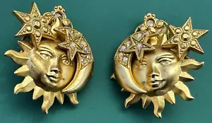 Statement Vintage Kirks Folly Rhinestone Sun Moon Star Crystal Clip on Earrings - Picture 1 of 10