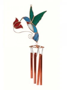 23” Stained Glass HUMMINGBIRD w/FLOWER Wind Chime GE138 Sun Catcher Garden Decor - Picture 1 of 4