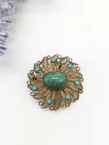 Vintage 935 Sterlingsilber Anhänger Brosche Pin Jerusalem türkis filigran - Bild 1 von 6