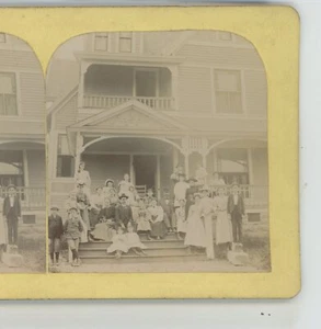 Group on Steps to Home New Albany Indiana IN Greer W. Davis Stereoview c1880 - Picture 1 of 3