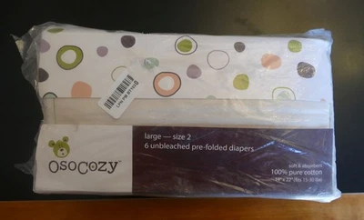 NIP OsoCozy Large Size 2 pack of 6 Unbleached Pre-Folded Diapers 100% Cotton - Image 1 of 2