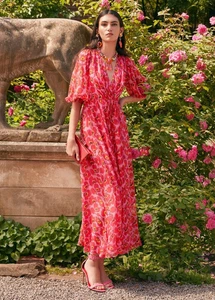 Nuevo con etiquetas. $2690 Vestido Carolina Herrera Seda Floral Cuello en V Cintura-Corbata Midi Talla 6 - Imagen 1 de 11