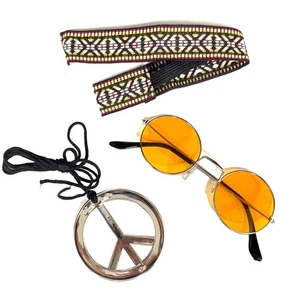 Orange Hippie Set Rounded Glasses 1970s Fancy Dress Costume Festival Accessories - Picture 1 of 5