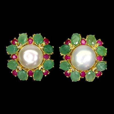 925 Sterling Silver Earrings Pear Emerald Ruby Pearl Flower Gemstone Jewelry - Image 1 of 4