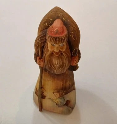 Vintage Hand Carved Hand Painted Wooden Santa Ded Moroz Figurine Cyrillic 2005 - Image 1 of 4