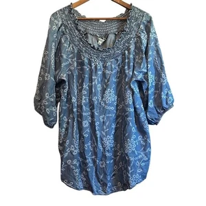 Blusa Top Campesina Bordada, Azul Floral, Escote Calado, Informal Elegante - Imagen 1 de 5