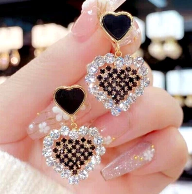 Sparkly CHECKERED Black & White HEART Rhinestone Betsey Johnson Dangle Earrings - Image 1 of 4