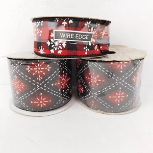 (X3) Simply Winter Christmas Wire Edge Ribbon 25 Ft Black / Red Snowflake - Picture 1 of 8