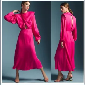 Anthropologie Farm Rio Maxi Dress L Pink Shoulder Pad Long-Sleeve Cutout Dress - Picture 1 of 16