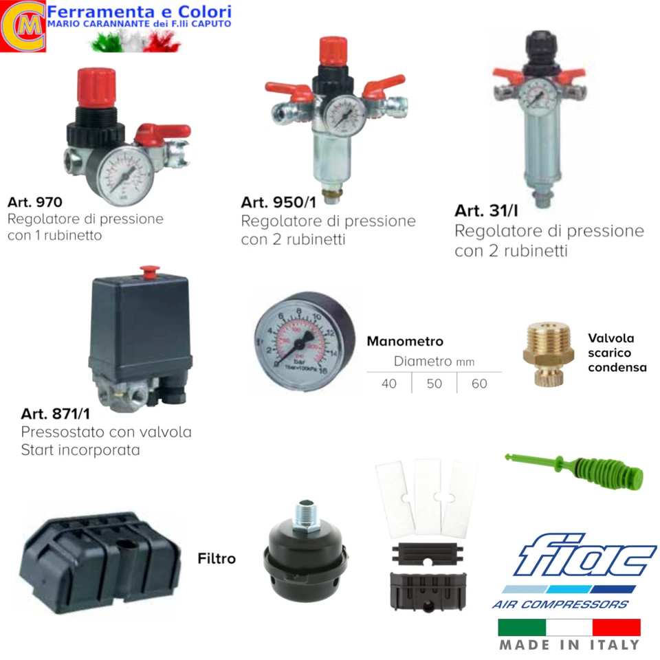 Ricambi Compressore FIAC Manometro Riduttore Pressione Valvole Filtro Coperchio