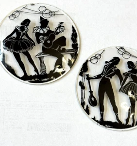 Vintage CONVEX GLASS Silhouette Jester Clown BALLERINA, Set of 2 - Picture 1 of 5