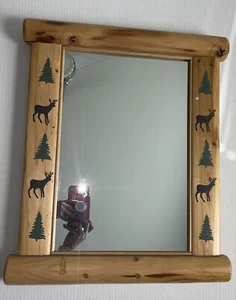 Wood Wall Mirror Rustic Farmhouse Early American Deer And Tree Design 20x17” - Picture 1 of 13