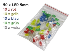 50 x LED 5mm rosso, verde, blu, giallo, bianco 10 pezzi ciascuno - Foto 1 di 1