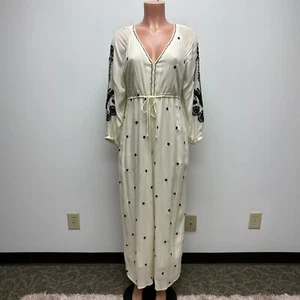 Free People Women Ivory Black Embroidered Long Sleeve V-Neck Wide Leg Jumpsuit S - Picture 1 of 11