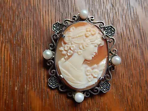 Antique Shell Cameo Sterling Silver Markasite Pearl Pendant Pin Brooch - Picture 1 of 10