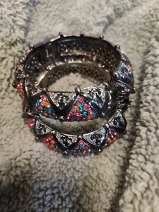 2er Set Vintage schwere Clamper bunte Strass Armbänder silberfarben - Bild 1 von 7