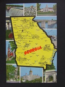 Georgia State Map Cap Capital Cotton Picking Great Rock Dam Vintage Postcard 1930-45 - Bild 1 von 2