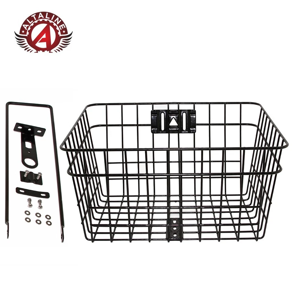 ALTALINE Bicycle 14.5" Wide Steel Wire Front Basket W/Braces 333D All Black