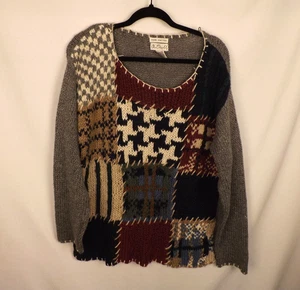 Vintage One Step Up Womens Sweater Large Hand Knit Patchwork Boho Pullover Ramie - Picture 1 of 10