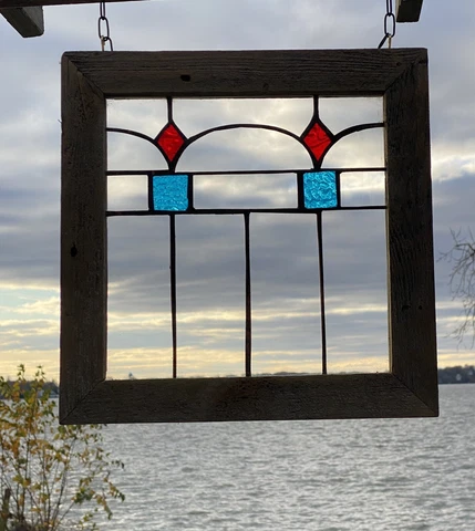 Framed Stained Glass Window Mission Style Red/Blue/Clear Design Cover
