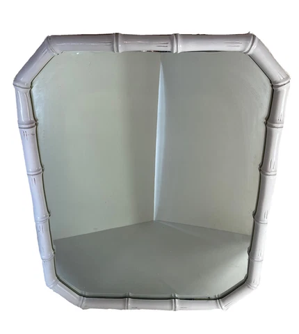 VTG 70s MCM Regency White Faux Bamboo Square Decorative Wall Mirror Tiki Cover