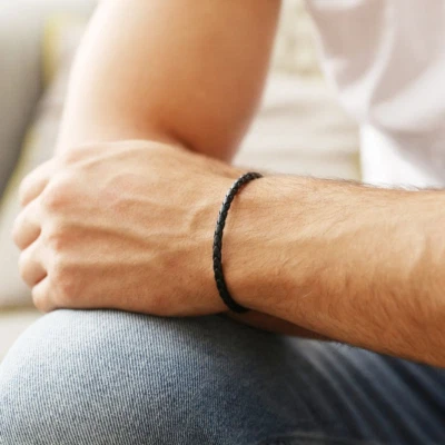 Bracciale Acciaio Uomo Donna Nero corda cuoio intrecciato braccialetto in pelle - Immagine 1 di 3