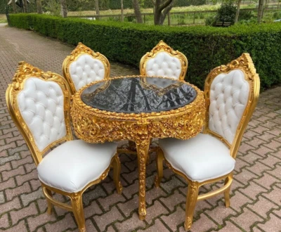Mesa de comedor con sillas barroco italiano juego de 5 piezas hoja de oro tapa de mármol vintage Foto 1 de 4