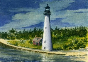 Faro de Cape Florida, Key Biscayne Florida. Gerald Hill Acuarela Arte Impresiones - Imagen 1 de 2