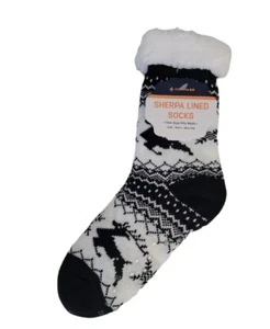 Sherpa Lined Non-Slip Women's Black Woven Slipper Socks - One Size Fits Most - Picture 1 of 5