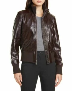 THEORY Mujer Patente Cuero Aviador Bombardero Chaqueta Espresso Marrón L - Imagen 1 de 6