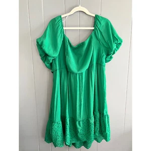 Mini abito verde occhiello 3XL manica a sbuffo orlo balza stile boho estivo skater - Foto 1 di 14
