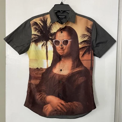 Mona Lisa Print by Eighty Eight Platinum Short Sleeve Button Beach Men's Shirt S - Image 1 of 4