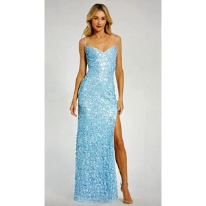 Vestido de novia Mac Duggal azul adornado con correa de espagueti abertura 8 - Imagen 1 de 6