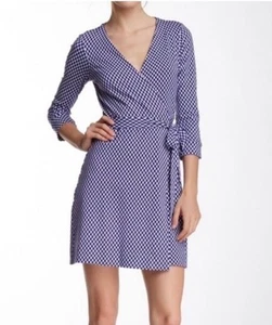 DIANE VON FURSTENBERG BLUE/WHITE WRAP 3/4 SLEEVES V-NECK DRESS VISCOSE SZ 12 - Picture 1 of 10