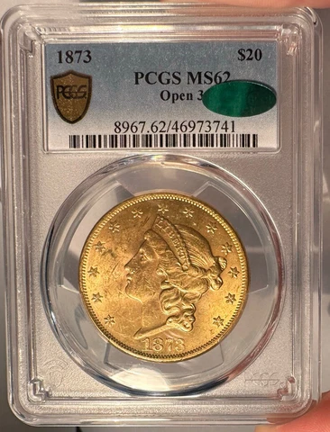 1873 $20 PCGS MS 62 CAC Liberty Gold Double Eagle - Type 2 - Open 3 Cover