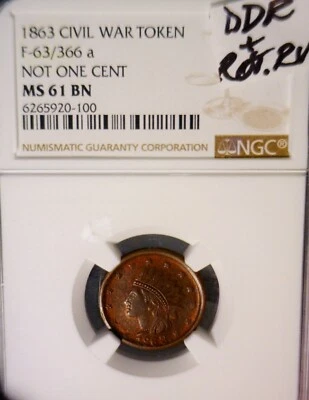1863 NGC MS61 ERROR Civil War Token/ Cent BU + Coin BIG DDR + ROTATED REVERSE NR - Image 1 of 4
