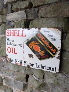 Shell Enamel Sign shell motor oil garage sign Shell Oil Can Porcelain Sign - Picture 1 of 12