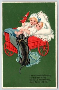 PFB Babies & Puppy Dog~Black Dachshund Paws into Red Baby Buggy~Green Back~6229 - Picture 1 of 2