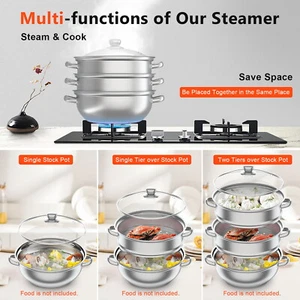 3 Tier Steamer Pot Stainless Steel Food Steamer Food Steaming Pans W/Glass Lid - Picture 1 of 18