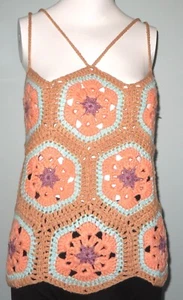 New Handmade Crochet Size XL (38 In) Orange African Flower Hexagon Blouse Tops - Picture 1 of 4