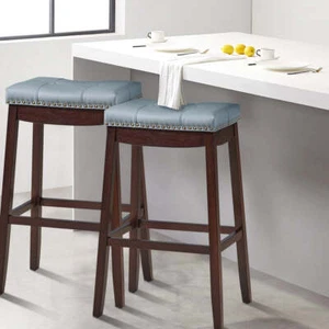 NNECW Backless Nailhead Bar Stool with Natural Rubber Wood Legs for Dining Room- - Picture 1 of 11