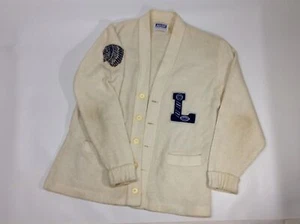 Vintage 1950s Letterman Cardigan Sweater White w/ Blue L & Indian Head Malt Shop - Picture 1 of 7