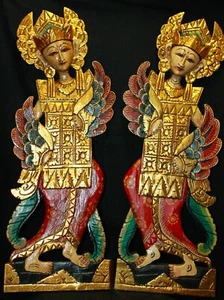 Balinese Peacock Dancers Relief Panel hand carved wood Bali wall art set of 2 - Picture 1 of 6
