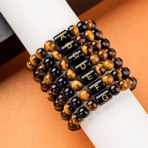 A-Z Initialen Armband 10 mm Natur Schwarz Onyx Tigerauge Stein Perlen Geflochten - Bild 1 von 22