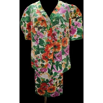 OMG Conjunto Falda Pantagis Vintage Años 80 Floral Lentejuelas Top Midi Falda Vestido 16W XL Foto 1 de 4