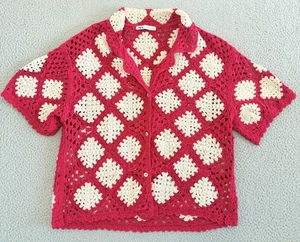 Zara Patchwork Shirt Large Red Crochet Granny Square Collared Button Up Boho - Picture 1 of 10