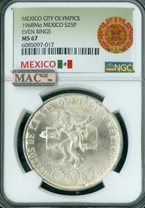 1968 MEXICO SILVER 25 PESO NGC MS67 PQ MAC SPOTLESS FLAG LABEL * - Picture 1 of 2