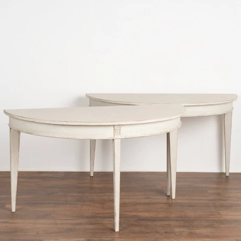 Pair, Large Gustavian White Painted Demi Lune Side Tables Consoles from Sweden Cover
